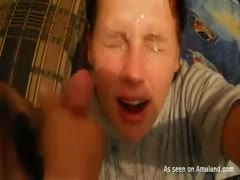 An enormous facial fountain is acquired by a plump redhead slut during a heated oral stimulation session.